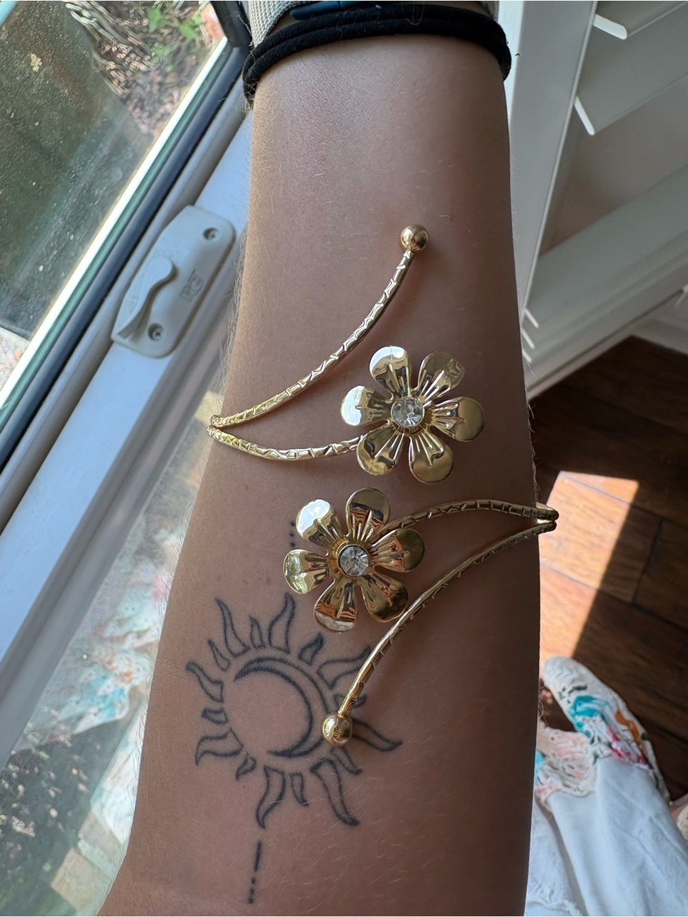 Gold Floral Open Cuff Bracelet with Crystal Centers